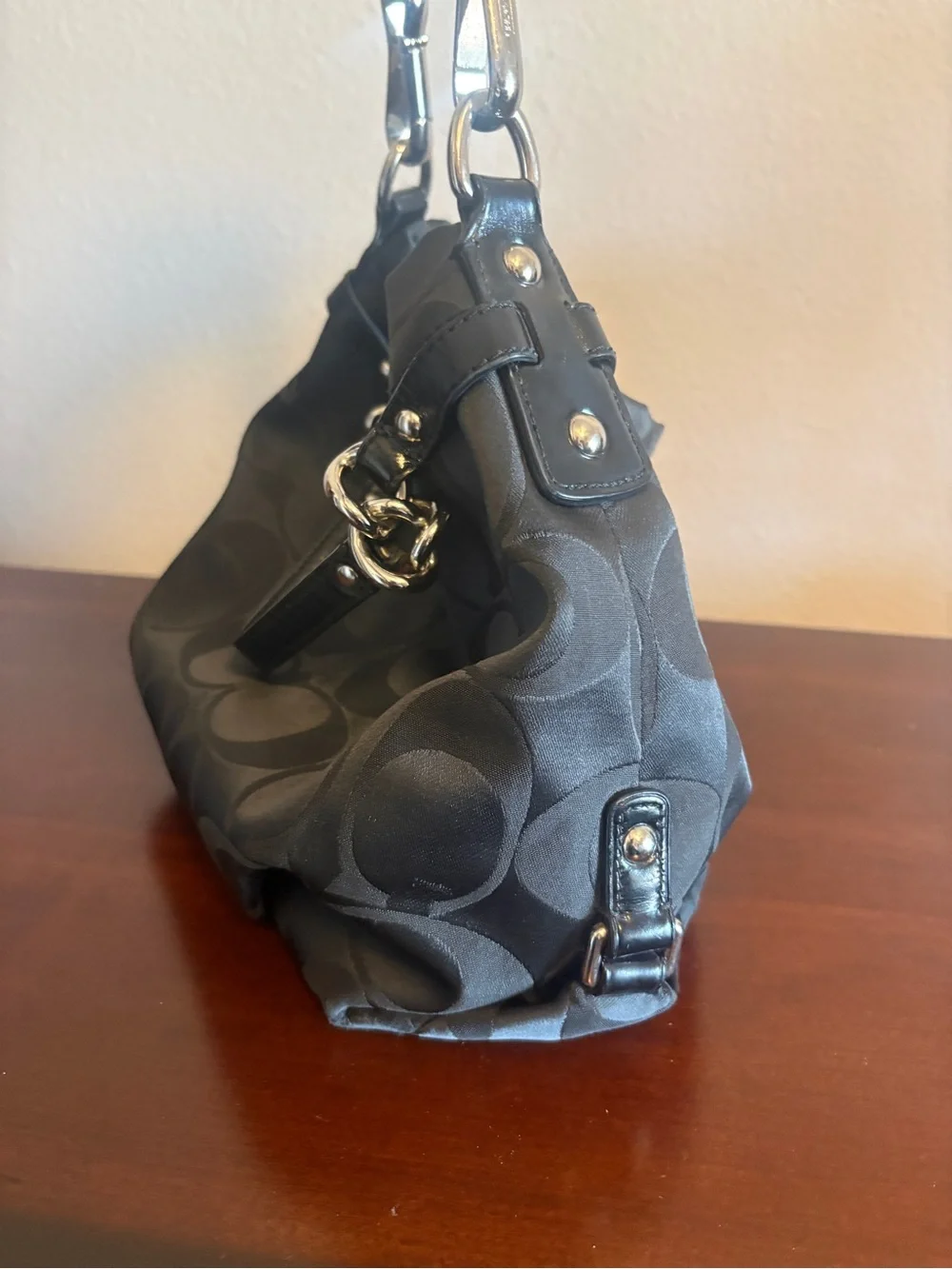 Vintage Coach Black Signature Jacquard Hobo with Silver Hardware
